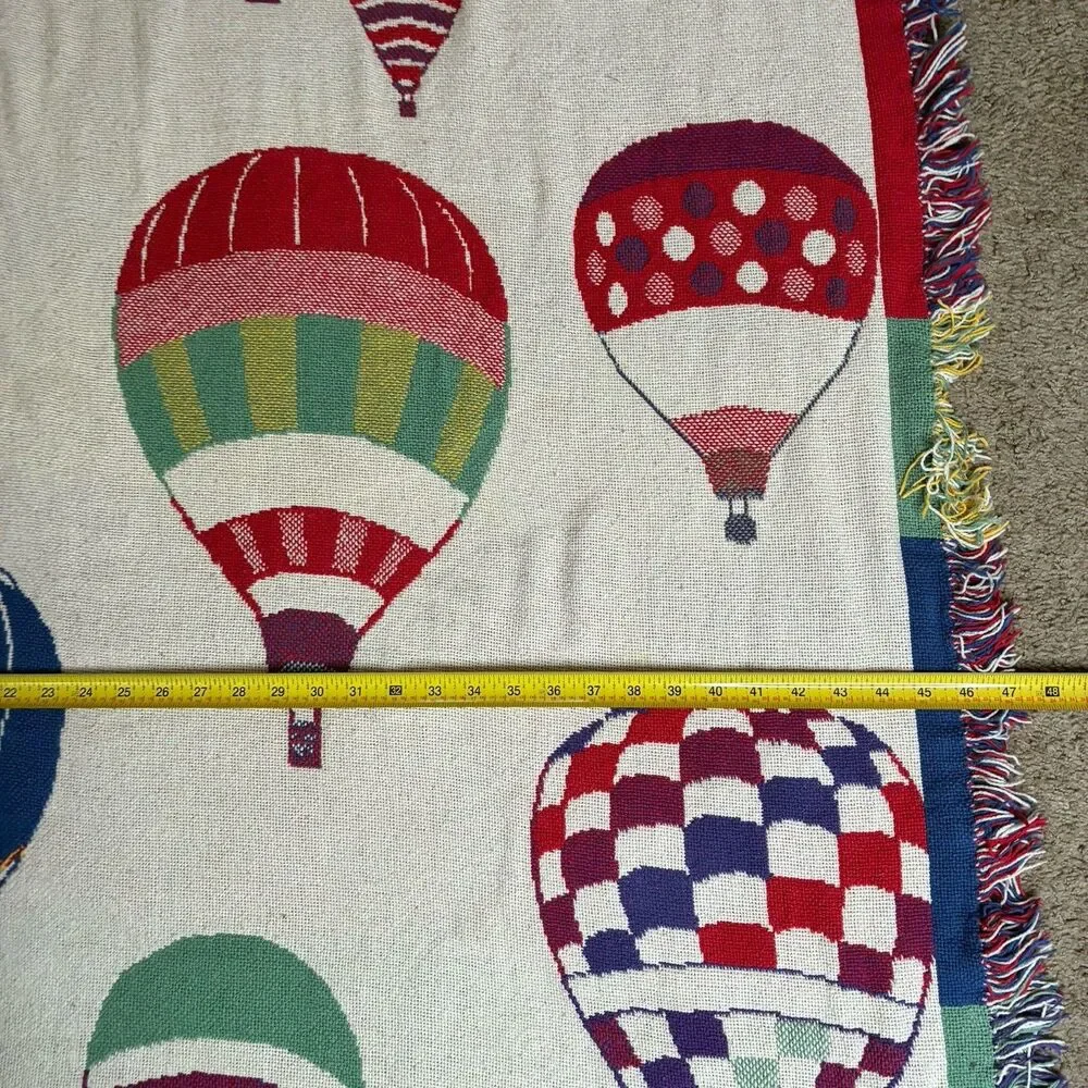 Hot Air Balloon Tapestry Cotton Blanket Throw w/Fringe 70”x46” Two Sided 1970s